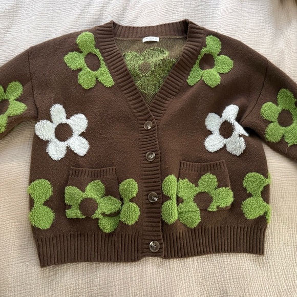 Brown Floral Button-Up Cardigan Sweater - Green & White Flower Appliqués - Picture 5 of 5